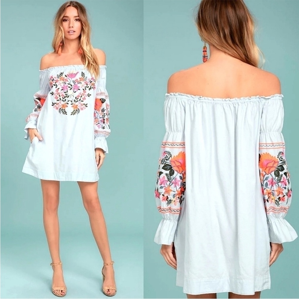 Free People Fleur Du Jour Light Blue Embroidered Dress XS Floral
